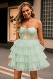 Light Green A Line Strapless Corset Tiered Short Graduation Dress