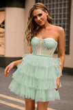 Light Green A Line Strapless Corset Tiered Short Graduation Dress