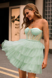 Light Green A Line Strapless Corset Tiered Short Graduation Dress