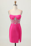 Fuchsia Bodycon Spaghetti Straps Satin Graduation Dress with Slit