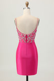 Fuchsia Bodycon Spaghetti Straps Satin Graduation Dress with Slit