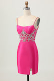 Fuchsia Bodycon Spaghetti Straps Satin Graduation Dress with Slit