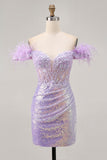 Sparkly Lilac Sequins Off The Shoulder Corset Short Graduation Dress