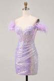 Sparkly Lilac Sequins Off The Shoulder Corset Short Graduation Dress