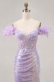 Sparkly Lilac Sequins Off The Shoulder Corset Short Graduation Dress