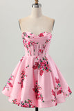 Pink Flower A-Line Sweetheart Satin Corset Graduation Dress