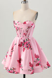 Pink Flower A-Line Sweetheart Satin Corset Graduation Dress
