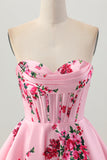 Pink Flower A-Line Sweetheart Satin Corset Graduation Dress