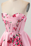 Pink Flower A-Line Sweetheart Satin Corset Graduation Dress