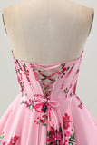 Pink Flower A-Line Sweetheart Satin Corset Graduation Dress