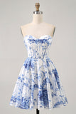 White Blue Flower A Line Strapless Corset Short Graduation Dress