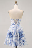 White Blue Flower A Line Strapless Corset Short Graduation Dress