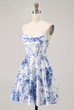 White Blue Flower A Line Strapless Corset Short Graduation Dress