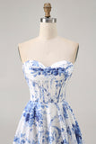 White Blue Flower A Line Strapless Corset Short Graduation Dress