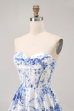 White Blue Flower A Line Strapless Corset Short Graduation Dress