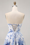 White Blue Flower A Line Strapless Corset Short Graduation Dress