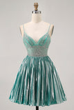 Metallic Satin Green A Line Spaghetti Straps Sequins Short Graduation Dress