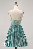 Metallic Satin Green A Line Spaghetti Straps Sequins Short Graduation Dress