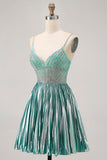 Metallic Satin Green A Line Spaghetti Straps Sequins Short Graduation Dress