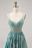 Metallic Satin Green A Line Spaghetti Straps Sequins Short Graduation Dress