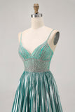 Metallic Satin Green A Line Spaghetti Straps Sequins Short Graduation Dress