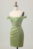 Green Off The Shoulder Corset Sequins Bodycon Graduation Dress