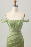 Green Off The Shoulder Corset Sequins Bodycon Graduation Dress