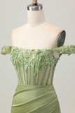Green Off The Shoulder Corset Sequins Bodycon Graduation Dress