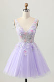 Beaded A Line Sequins Appliqued Lilac Short Graduation Dress