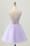 Beaded A Line Sequins Appliqued Lilac Short Graduation Dress