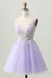 Beaded A Line Sequins Appliqued Lilac Short Graduation Dress
