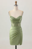 Sage Green Corset Tight Short Satin Graduation Dress with Slit
