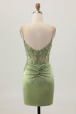 Sage Green Corset Tight Short Satin Graduation Dress with Slit