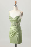 Sage Green Corset Tight Short Satin Graduation Dress with Slit