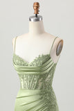 Sage Green Corset Tight Short Satin Graduation Dress with Slit