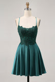 Dark Green A Line Appliqued Short Graduation Dress with Beading