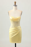 Yellow Satin Corset Tight Short Graduation Dress with Lace Up Back