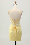 Yellow Satin Corset Tight Short Graduation Dress with Lace Up Back
