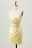 Yellow Satin Corset Tight Short Graduation Dress with Lace Up Back
