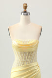 Yellow Satin Corset Tight Short Graduation Dress with Lace Up Back