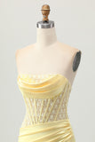 Yellow Satin Corset Tight Short Graduation Dress with Lace Up Back