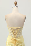 Yellow Satin Corset Tight Short Graduation Dress with Lace Up Back
