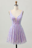 Sequins A Line Lilac V-Neck Short Graduation Dress
