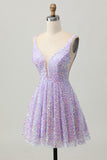 Sequins A Line Lilac V-Neck Short Graduation Dress