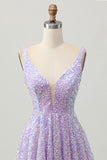 Sequins A Line Lilac V-Neck Short Graduation Dress