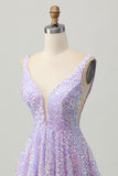 Sequins A Line Lilac V-Neck Short Graduation Dress