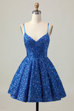 Sequins Dark Blue A Line Short Corset Graduation Dress
