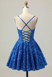 Sequins Dark Blue A Line Short Corset Graduation Dress
