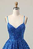 Sequins Dark Blue A Line Short Corset Graduation Dress