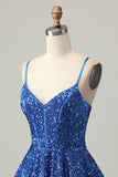 Sequins Dark Blue A Line Short Corset Graduation Dress